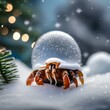A tiny hermit crab in a winter wonderland with a shell decorated like a snow globe4