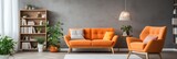 Fototapeta  - orange sofa and recliner chair in scandinavian apartment, generative AI