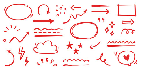 Wall Mural - hand drawn red line star sparkle, emphasis, underline element set. hand drawn doodle text highlight,