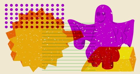 Poster - Risograph Halloween Ghost and speech bubble with geometric shapes animation. Holiday in trendy riso graph design. Geometry elements, risograph texture style video.