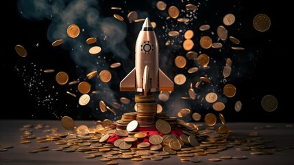 Poster - rocket blusting off with raining gold coins