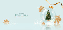 Christmas Banner In Pastel Blue With Transparent Ball And Gold Decoration. Xmas Design Of Christmas Tree Inside Transparent Snow Globe, Horizontal Banner, Header For The Site