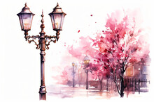 Colorful Winter Old Oil Lantern Christmas Watercolor Painting. Abstract Pink Background.