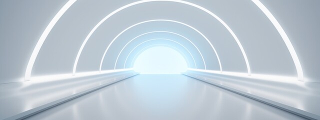 White background 3D room light abstract space technology tunnel stage floor. Empty white future 3D neon background  studio futuristic corridor render modern interior silver road black wall design gray