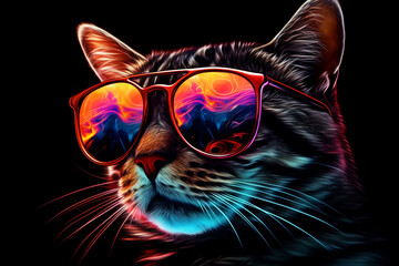 Naklejka na meble cute cat wearing glasses combination of neon lights on black background 3d rendering AI generative 