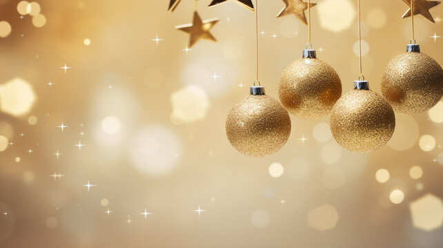 Christmas and New Year background. Golden Balls hanging on ribbon on Golden background with copy space for text. The concept of Christmas and New Year holidays