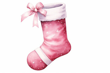 Wall Mural - Christmas pink sock isolated on white background, watercolor illustration