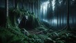 Mystical Halloween forest with a moonlit night, a werewolf peeping out of his cave, and thick greenery. Generative AI.