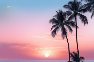  the sun is setting behind two palm trees on the beach.  generative ai