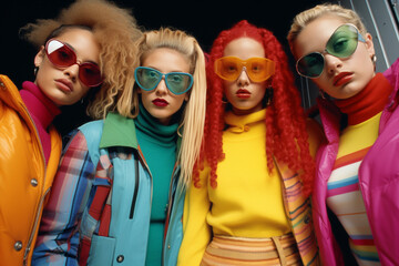 Wall Mural - Fashion, style, make-up concept. Group of beautiful girl models posing with colorful clothing. 90's style outfit. Vivid colors. Generative AI