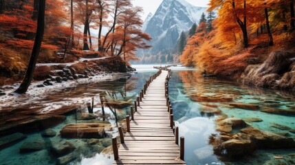 Wall Mural - a footbridge through a lake in the mountains