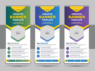 Wall Mural - creative roll up banner design, editable vertical template vector set, modern standee and flag banne