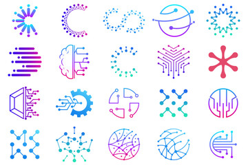 set of technology dot logo design and business card. symbol tech, internet, system, artificial intel