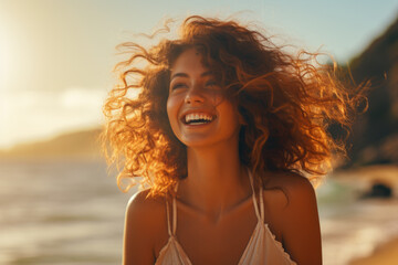 Sticker - Beautiful young woman standing on top of beach. This image can be used to depict relaxation, vacation, travel, or enjoying ocean view.