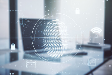 Aufkleber - Multi exposure of creative fingerprint hologram on laptop background, personal biometric data concept