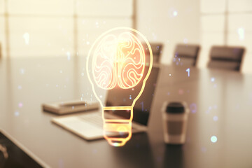Aufkleber - Double exposure of creative light bulb hologram with human brain on laptop background, idea and brainstorming concept