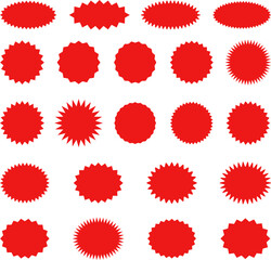 Starburst red sticker set - collection of special offer sale oval and round shaped sunburst labels and badges. Promo stickers with star edges. Vector.