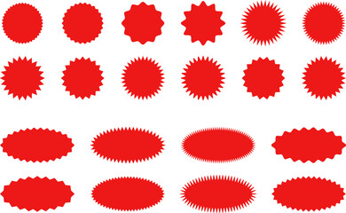 Starburst red sticker set - collection of special offer sale oval and round shaped sunburst labels and badges. Promo stickers with star edges. Vector.