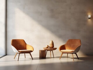 Two wooden leather chairs with a coffee table in a modern home generative ai