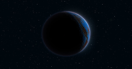 Wall Mural - abstract realistic space spinning planet round sphere with a water surface in space against the back
