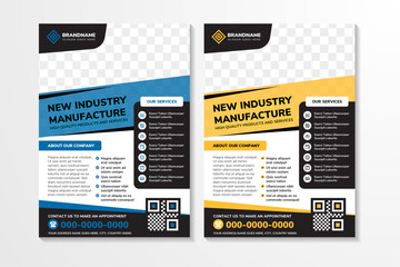 Poster - set of abstract flyer design template with example headline is new industry manufacture. Space of photo collage. Advertising banner with vertical layout. white background, yellow, blue, black elements
