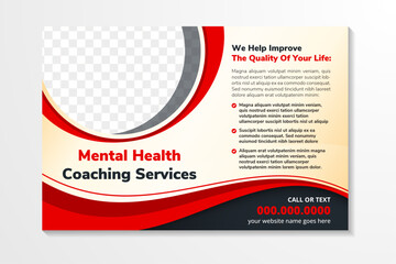 Poster - abstract flyer design template with example headline is mental health coaching services. Space of photo collage. Advertising banner with horizontal layout. brown background, red and black elements.