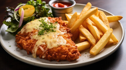 Wall Mural - Chicken schnitzel Parmigiana with melted cheese served with chips and salad on a white plate