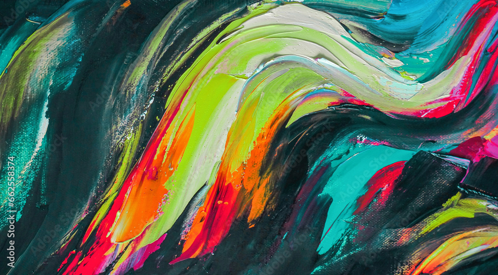 Closeup of a painting by oil and palette knife. Highly-textured, high quality details. Fragment of multicolored texture painting. Abstract art background. oil on canvas. Rough brushstrokes of paint.