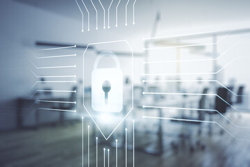 Poster - Double exposure of virtual creative lock hologram with chip on modern corporate office background. Information security concept