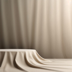 Poster - empty curtains stage light on beige background texture. mock up product display podium with generati