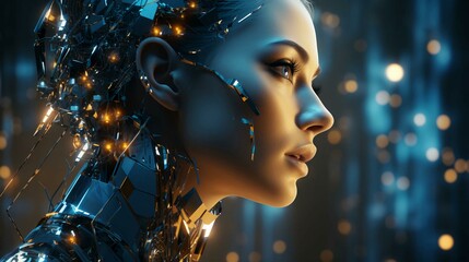 Poster - Futuristic beautiful woman robot cyborg with metal implants on blurred background