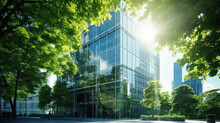 Modern Office Building With Green Leaves. Bottom View Of Modern Office Building With Green Leaves