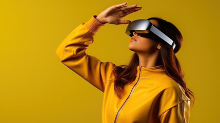 Young woman in a yellow jumpsuit with virtual reality glasses on a yellow background.