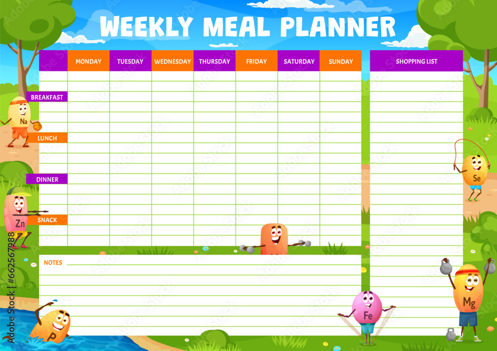 Weekly meal planner, cartoon vitamin sportsman characters, vector food ...