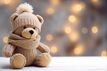 Teddy Bear In Knitted Hat On Bokeh Background With Copy Space