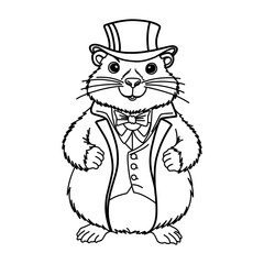 Groundhog Day February 2nd. Cute baby animal beaver. Coloring book Groundhog Day in a top hat and frock coat. Meteorologist