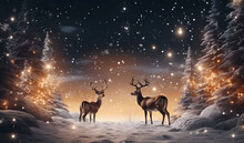 Two Reindeers In Jungle At Winter Night