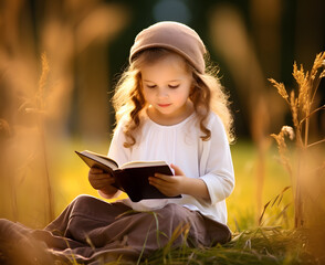 Poster - Little girl reading holy bible book in the rice field at sunrise