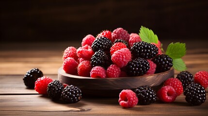 Mixed berries, black berries and raspberries in a wooden bowl, Wood Banner background mockup with copy space