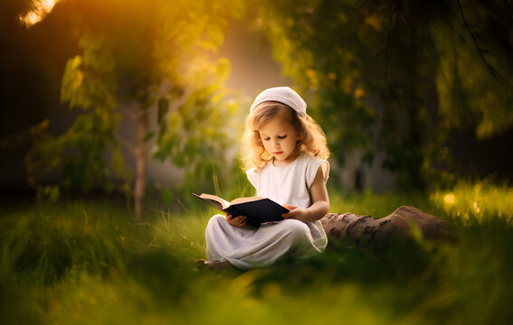 Little girl reading holy bible book in the green field at sunrise