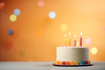 Happy Birthday banner with a cake and candles, colorful and celebratory party, rainbow glitter, landscape, copy space