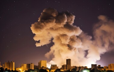 Wall Mural - destroyed town with smoke coming out of it after war battle attack.