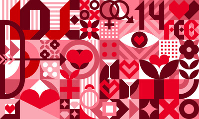 Poster - Valentine modern geometric pattern with abstract love hearts and geometric shapes. Vector background of romantic holiday geometry mosaic. Pink circles, squares, red hearts and gifts bauhaus backdrop