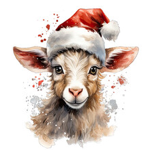 Cute Christmas Goat Wearing Santa Hat Watercolor Png