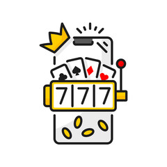 Wall Mural - 777 reeling gambler roulette, playing device slot color line icon. Vector slot machine with lucky sevens, combination gambling game machine