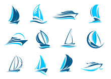 Yacht Boat, Sailing Icon. Yachting Sport Club, Vacation Marine Tour Or Sea Travel Agency Simple Vector Emblem. Ship Transportation Service Minimalistic Icon Or Symbol With Cruise Ships, Sail Vessels