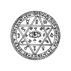 Pentagram with magic eye, satanic star and sacred aztec symbol. Vector alchemy, witchcraft and masonry, mystic amulet, meditation circle sketch