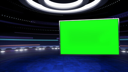 Wall Mural - Virtual studio TV news show background, with a monitor. Ideal for online events, courses or webinars. 3D rendering backdrop suitable on VR tracking system stage sets, with green screen