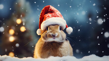 Winter Rabbit In Christmas Hat With Bokeh Background, Generated AI