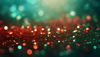 3D render Forest green and red christmas xmas abstract glitter sparkler background. de-focused wallpaper for template. presentation. copy text space.